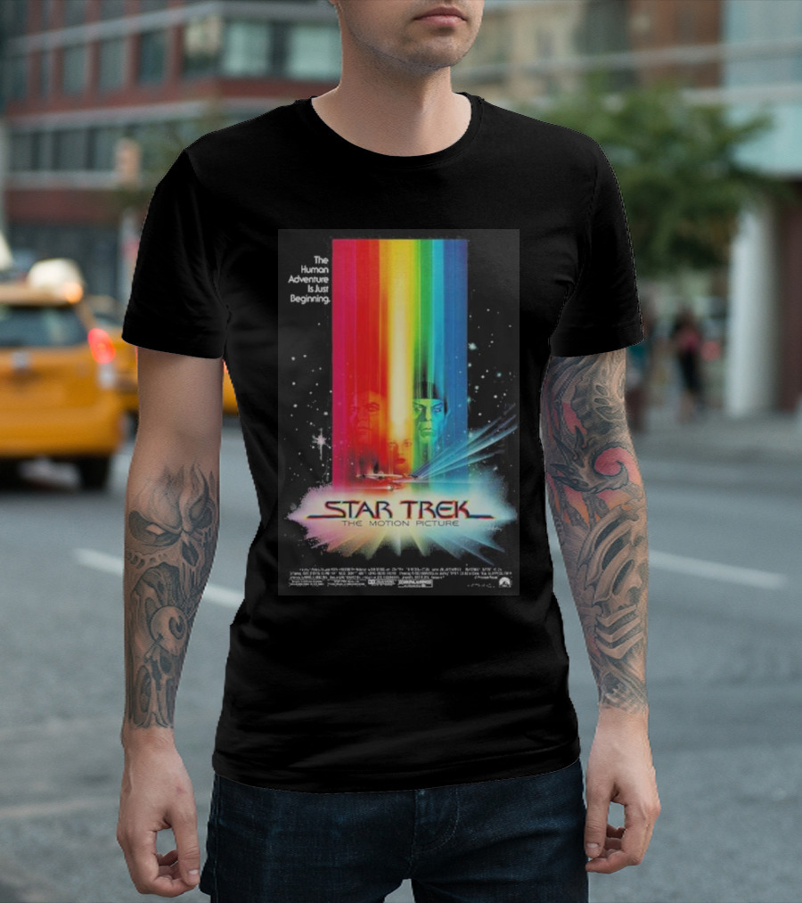Star Trek The Motion Picture The Human Adventure Is Just Beginning Colorful Light Beams And Starry Background T-Shirt