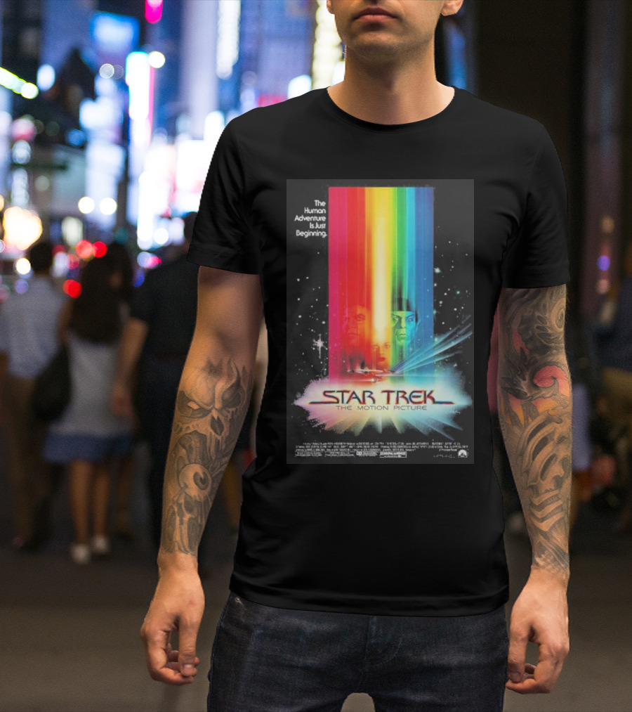 Star Trek The Motion Picture The Human Adventure Is Just Beginning Colorful Light Beams And Starry Background T-Shirt