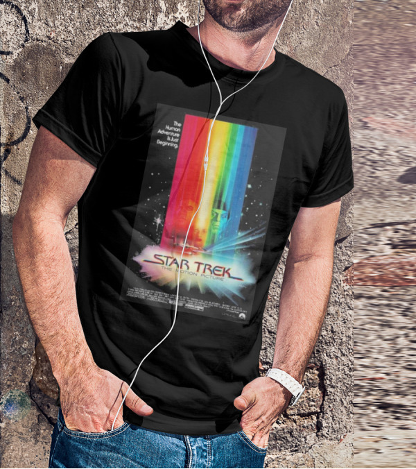 Star Trek The Motion Picture The Human Adventure Is Just Beginning Colorful Light Beams And Starry Background T-Shirt