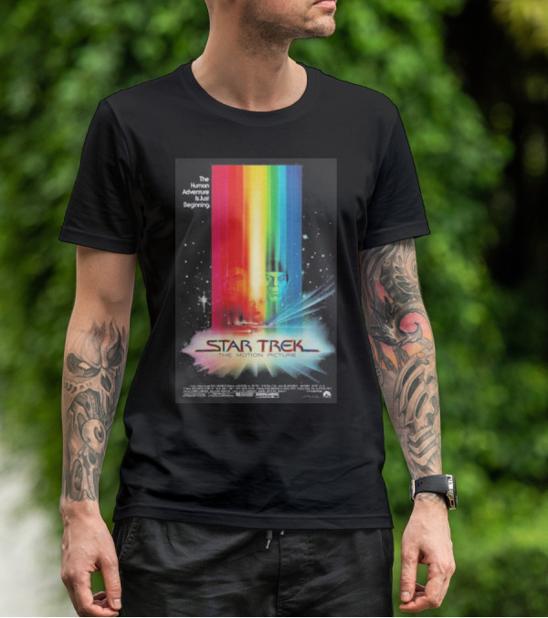 Star Trek The Motion Picture The Human Adventure Is Just Beginning Colorful Light Beams And Starry Background T-Shirt