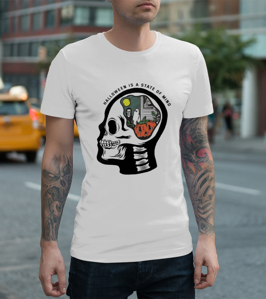 Halloween is a State of Mind Skull with Pumpkin and Ghosts T-Shirt