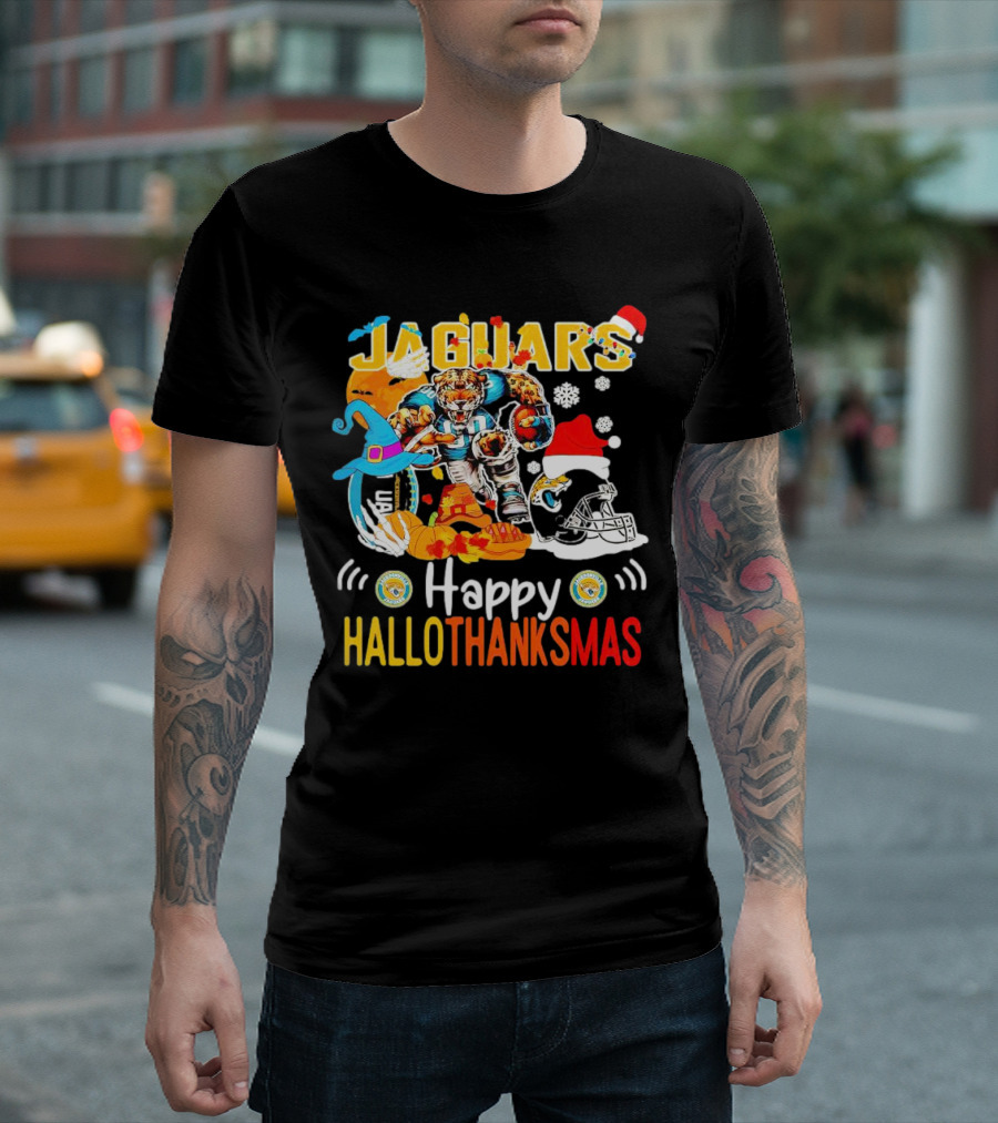 Jaguars Mascot Happy Hallothanksmas Football Halloween Thanksgiving Christmas T-Shirt