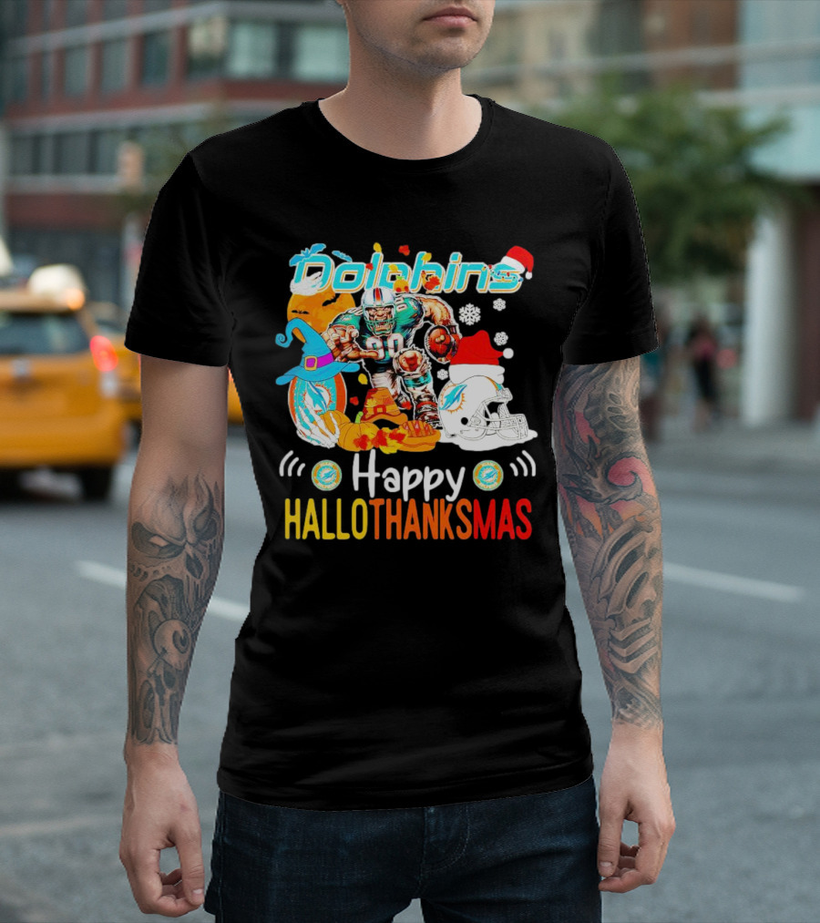 Miami Dolphins Mascot Happy Hallothanksmas Football Festive T-Shirt