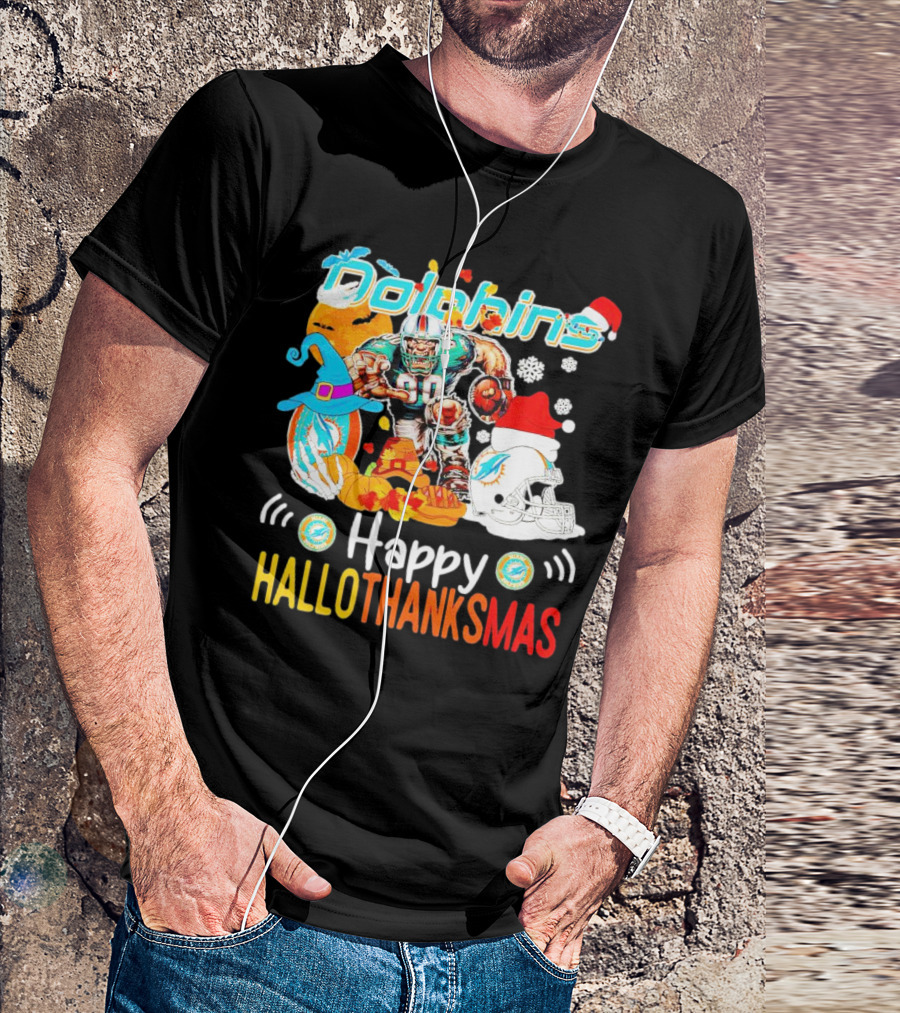 Miami Dolphins Mascot Happy Hallothanksmas Football Festive T-Shirt