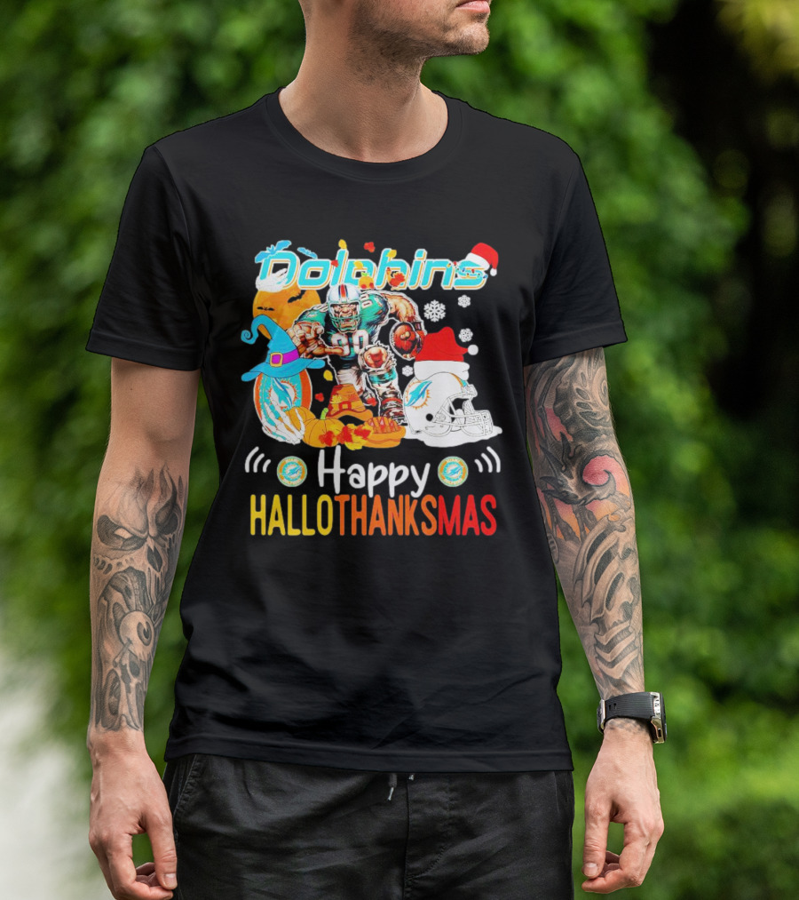 Miami Dolphins Mascot Happy Hallothanksmas Football Festive T-Shirt