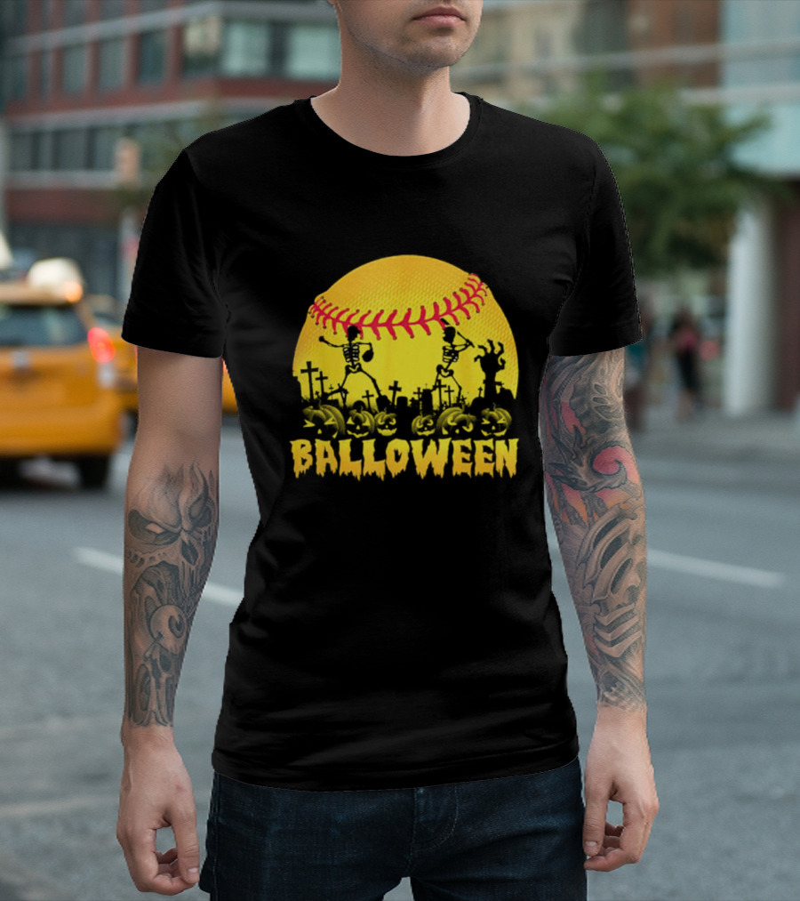 Balloween Softball Halloween Pumpkin Skeletons Graveyard T-Shirt