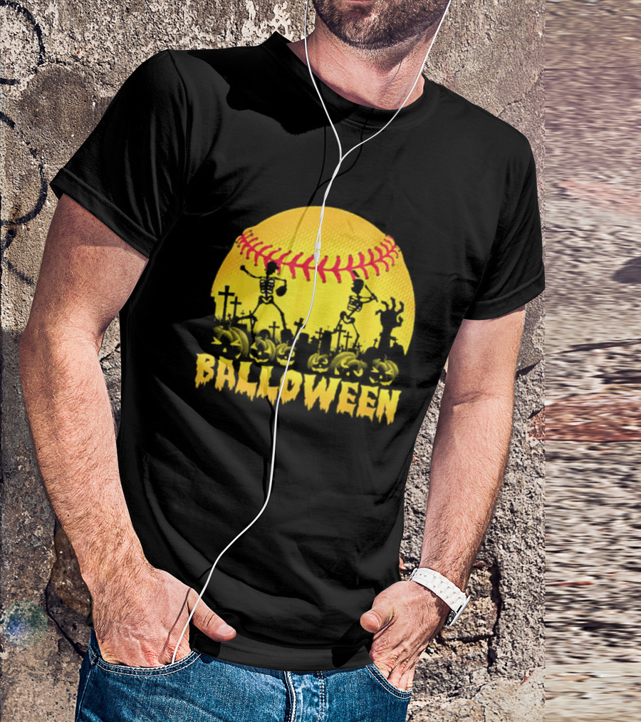 Balloween Softball Halloween Pumpkin Skeletons Graveyard T-Shirt