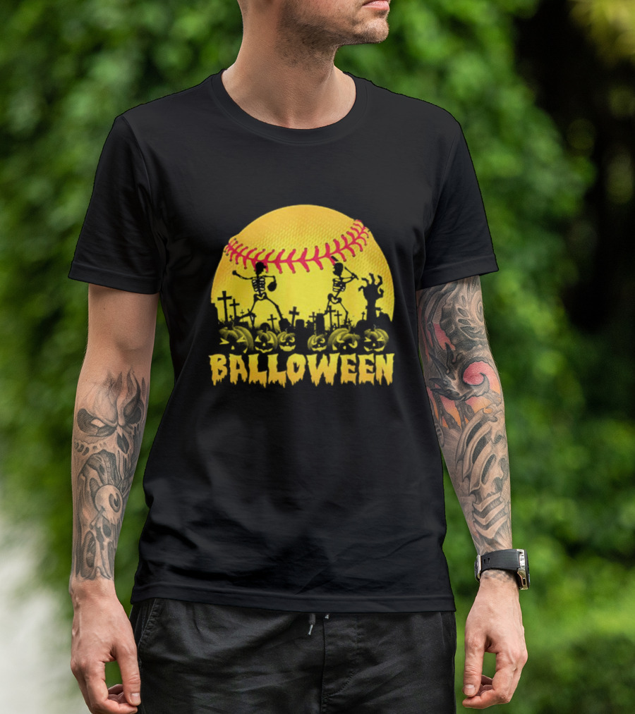 Balloween Softball Halloween Pumpkin Skeletons Graveyard T-Shirt