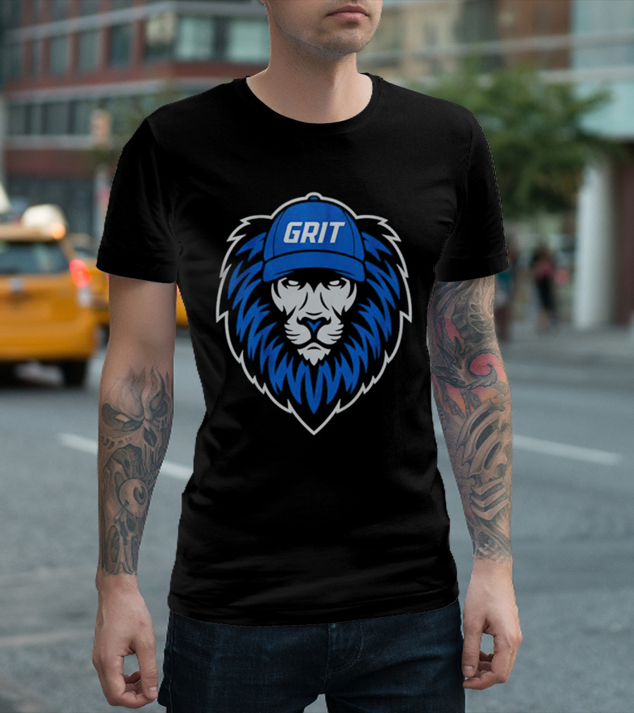 Detroit Lions Football Grit Lion with Blue Hat T-Shirt