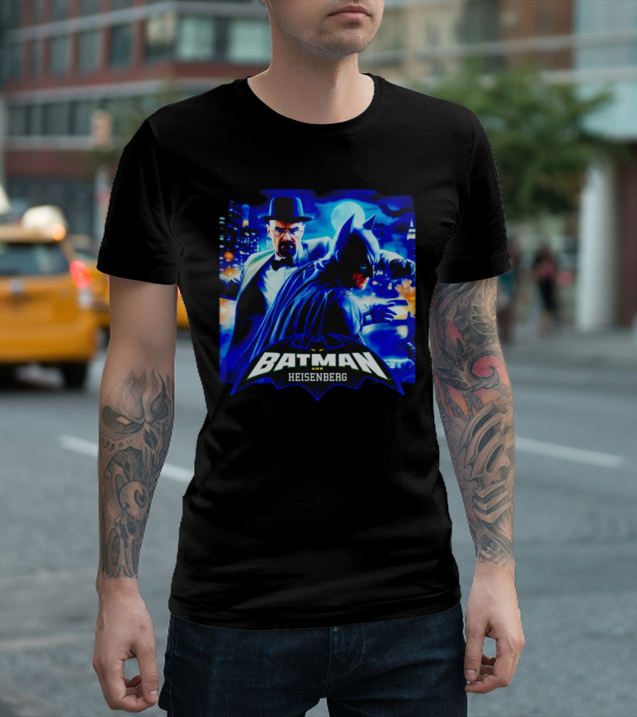 Batman and Heisenberg Walter White Cartoon Duo in Gotham City T-Shirt