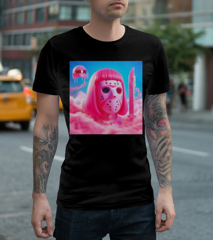 Pink Friday The 13th Jason Hockey Mask and Knife in Pink Clouds T-Shirt