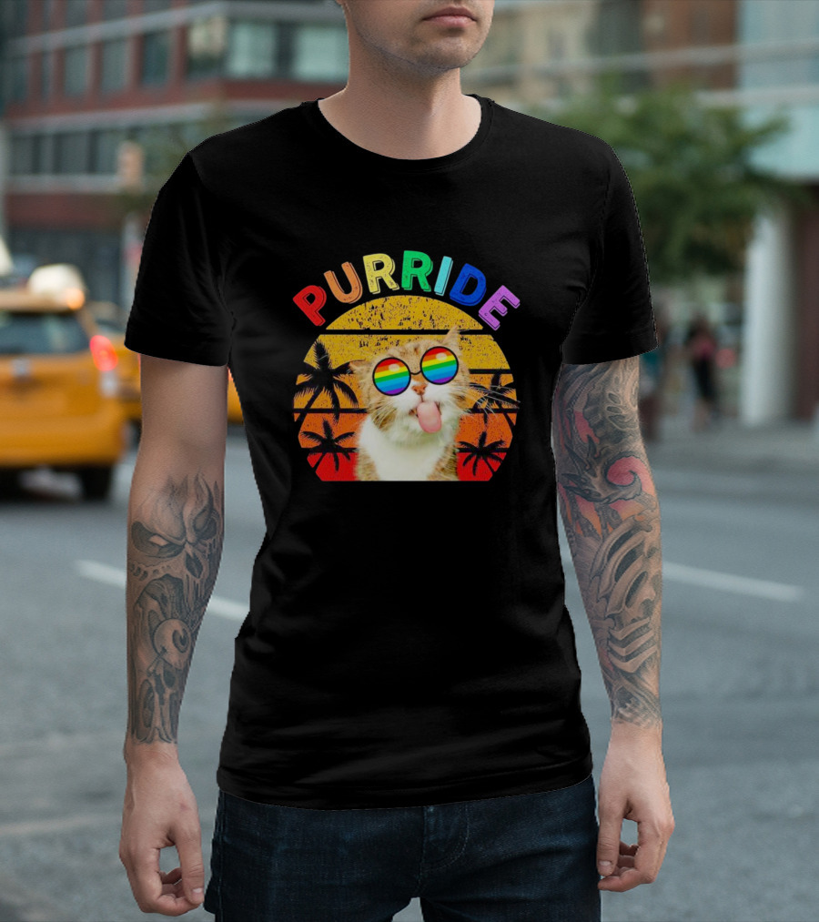Purride Cat Tongue Out Rainbow Sunglasses Palm Trees Vintage Sunset T-Shirt