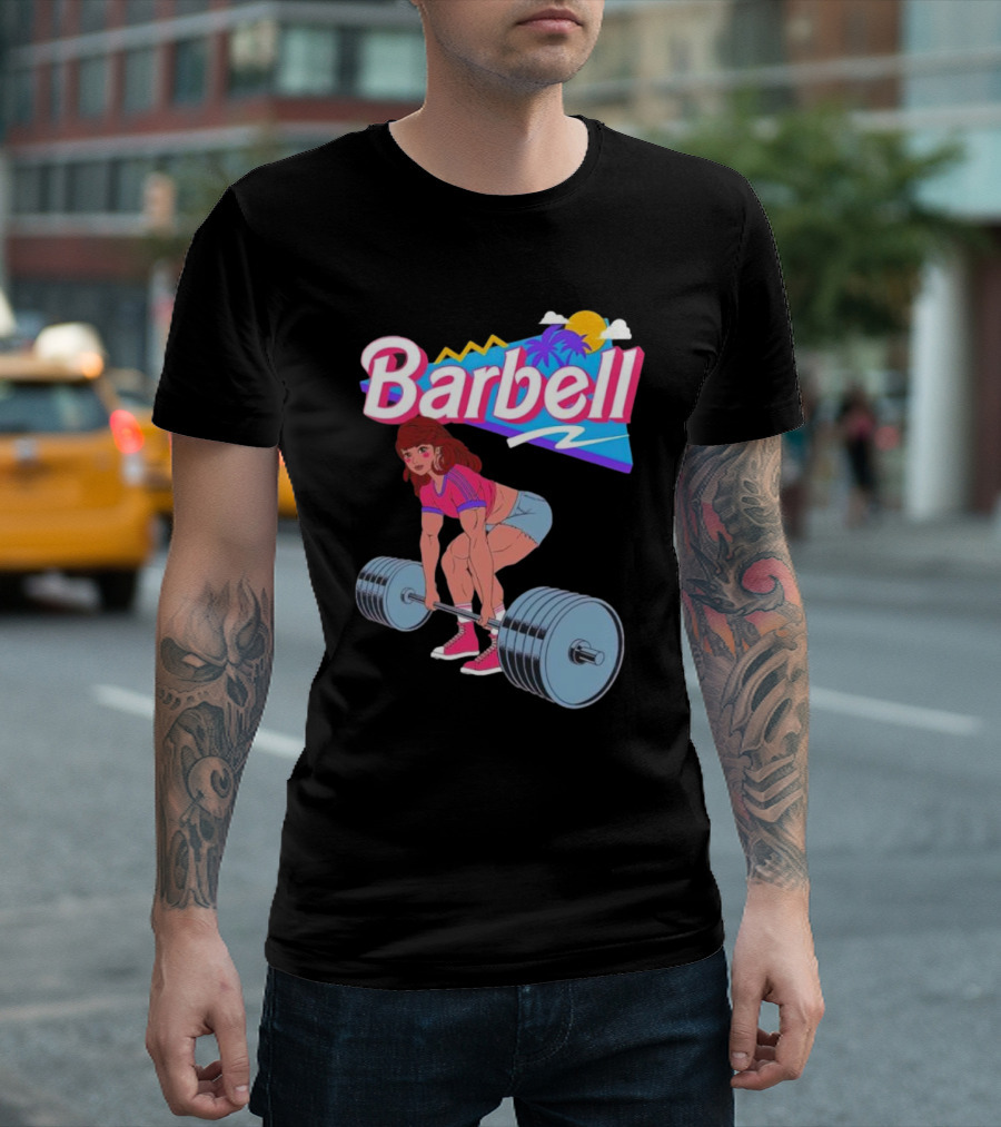 Barbell Brunette Retro Workout with Tropical Sunset and 80s Vibes T-Shirt