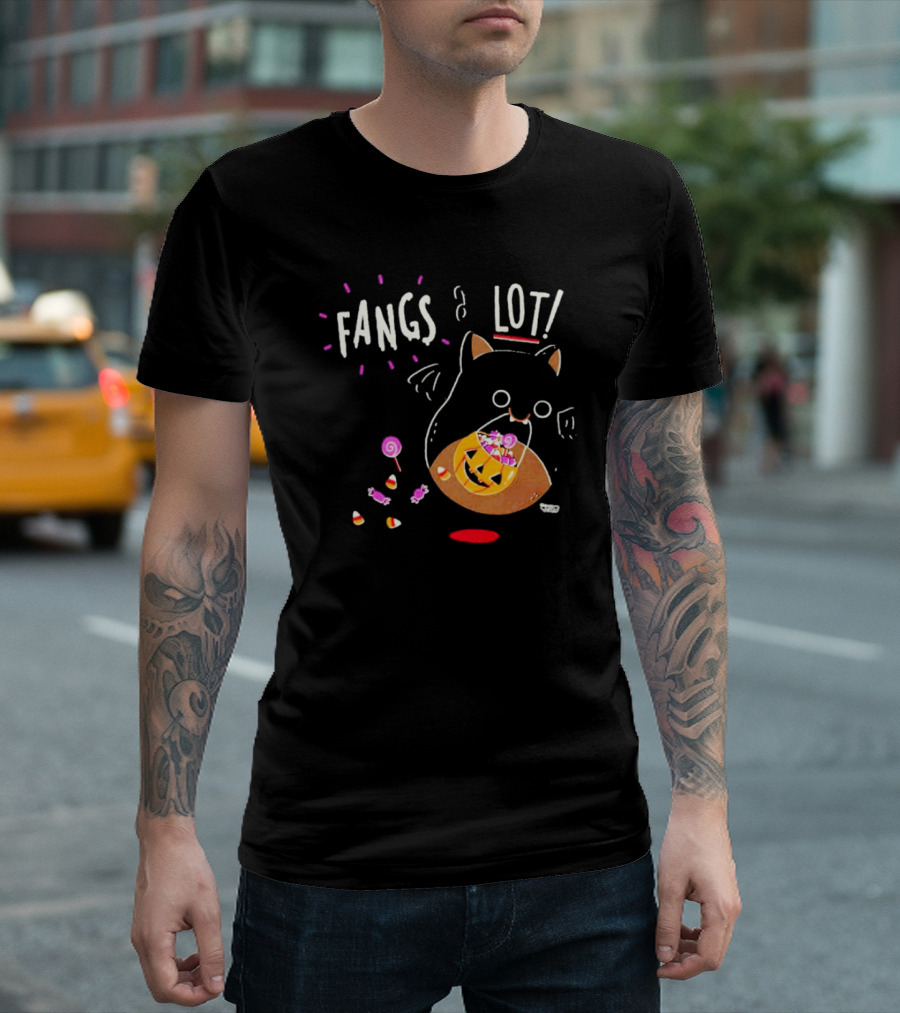 Fangs A Lot Cat With Halloween Candy And Jack-O'-Lantern T-Shirt