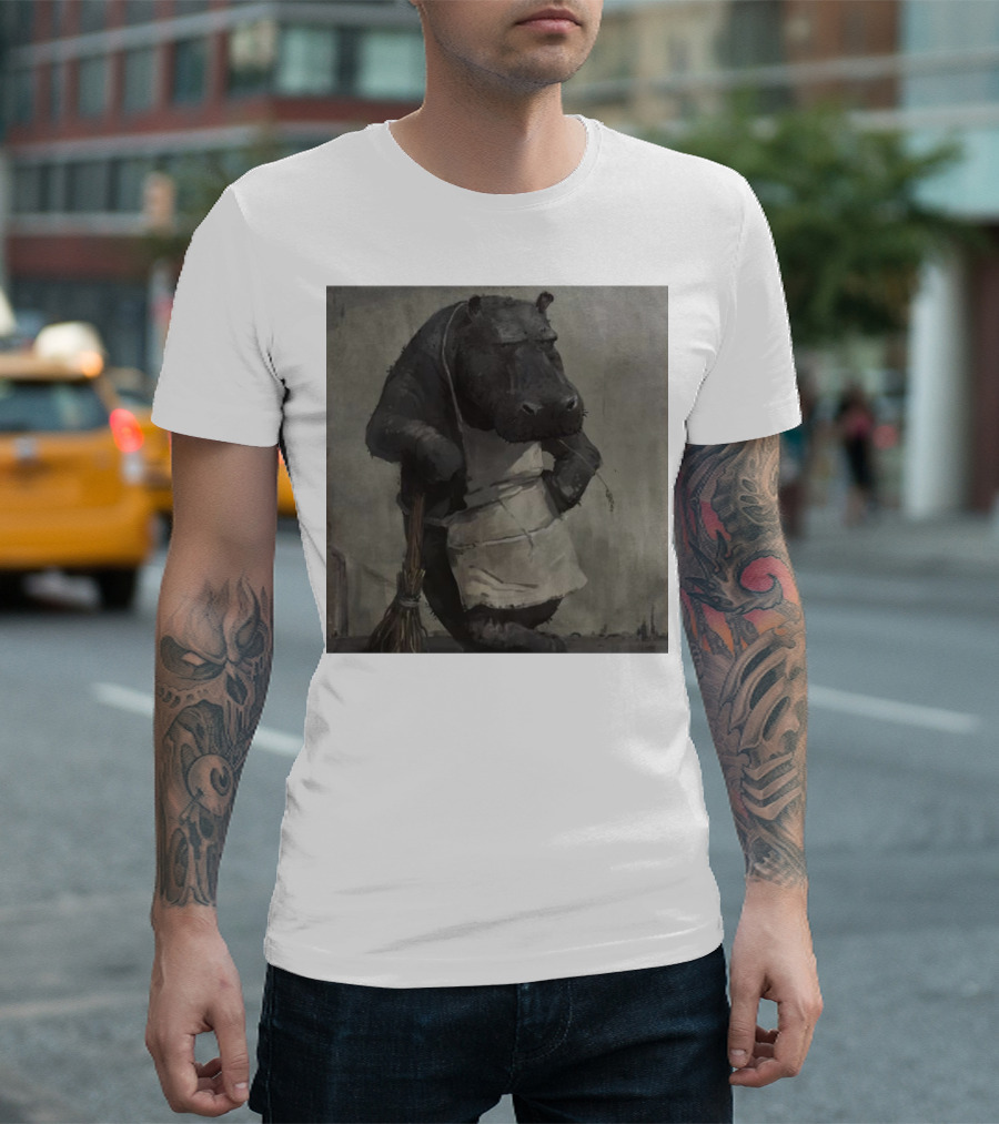 Hippo In Apron Holding Broom T-Shirt