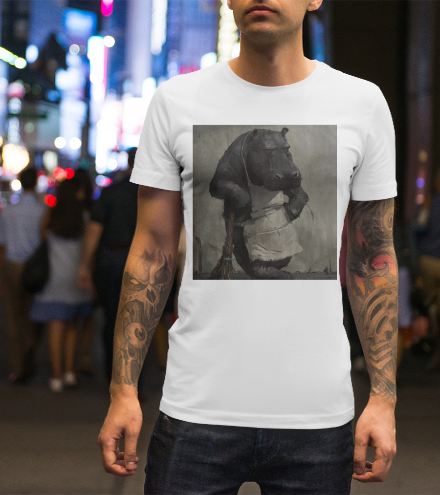 Hippo In Apron Holding Broom T-Shirt