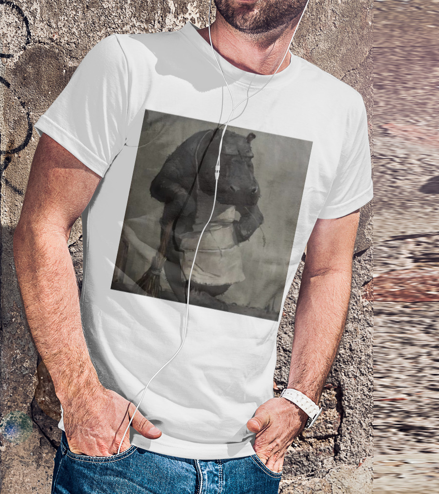 Hippo In Apron Holding Broom T-Shirt