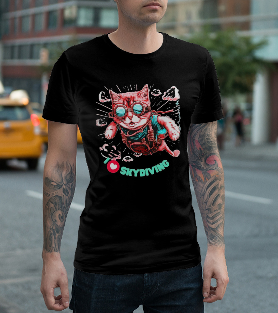 I Love Skydiving Cat with Goggles and Clouds T-Shirt
