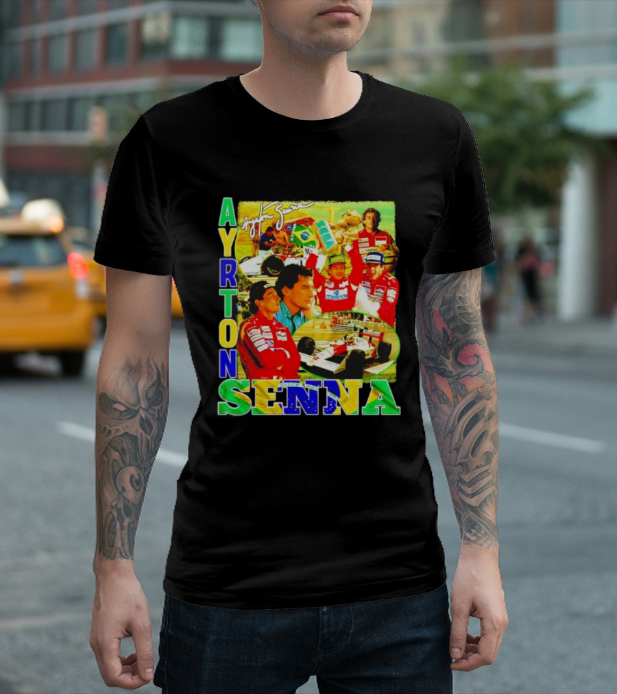 Ayrton Senna Signature Celebration Collage with Brazilian Flag Colors T-Shirt