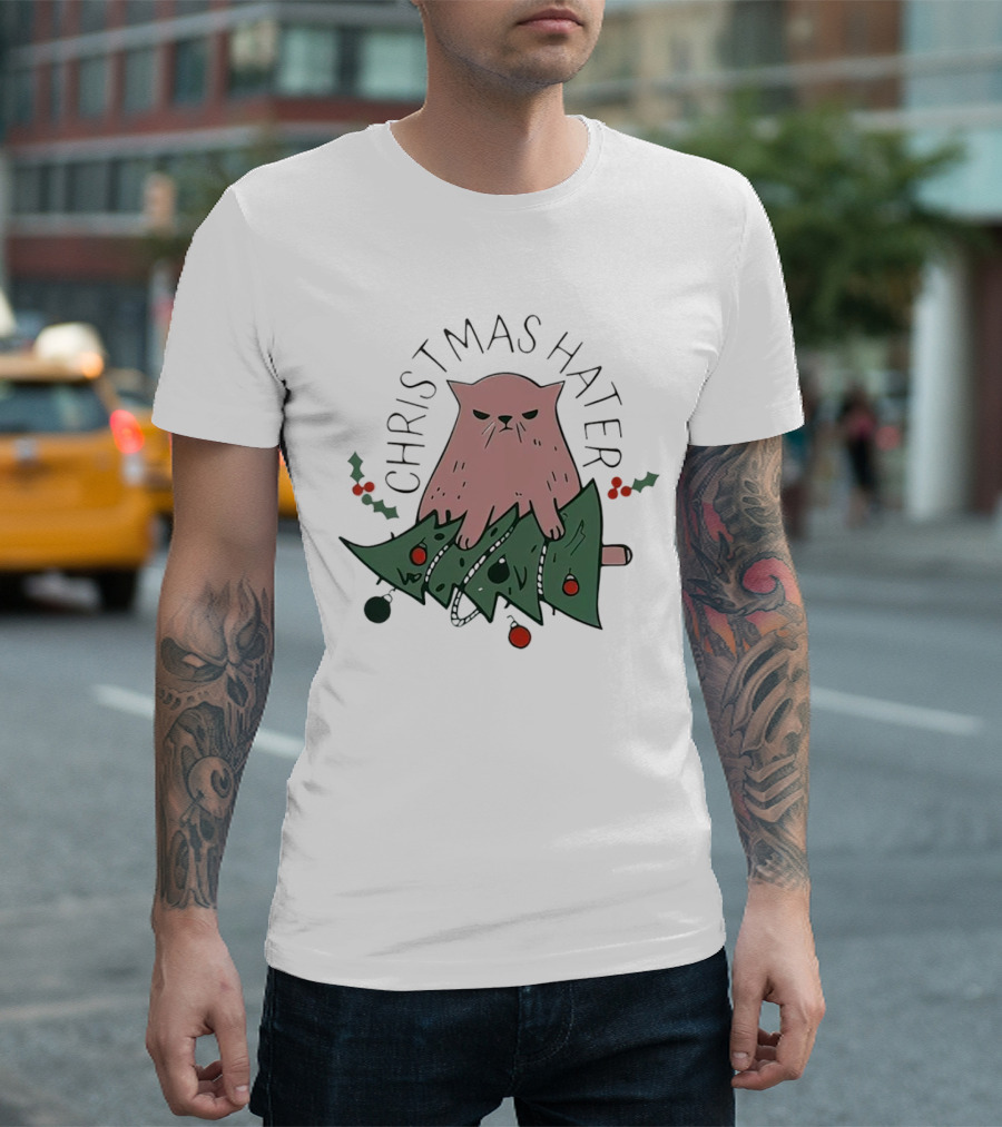 Christmas Hater Angry Cat With Broken Tree And Holly Decorations T-Shirt