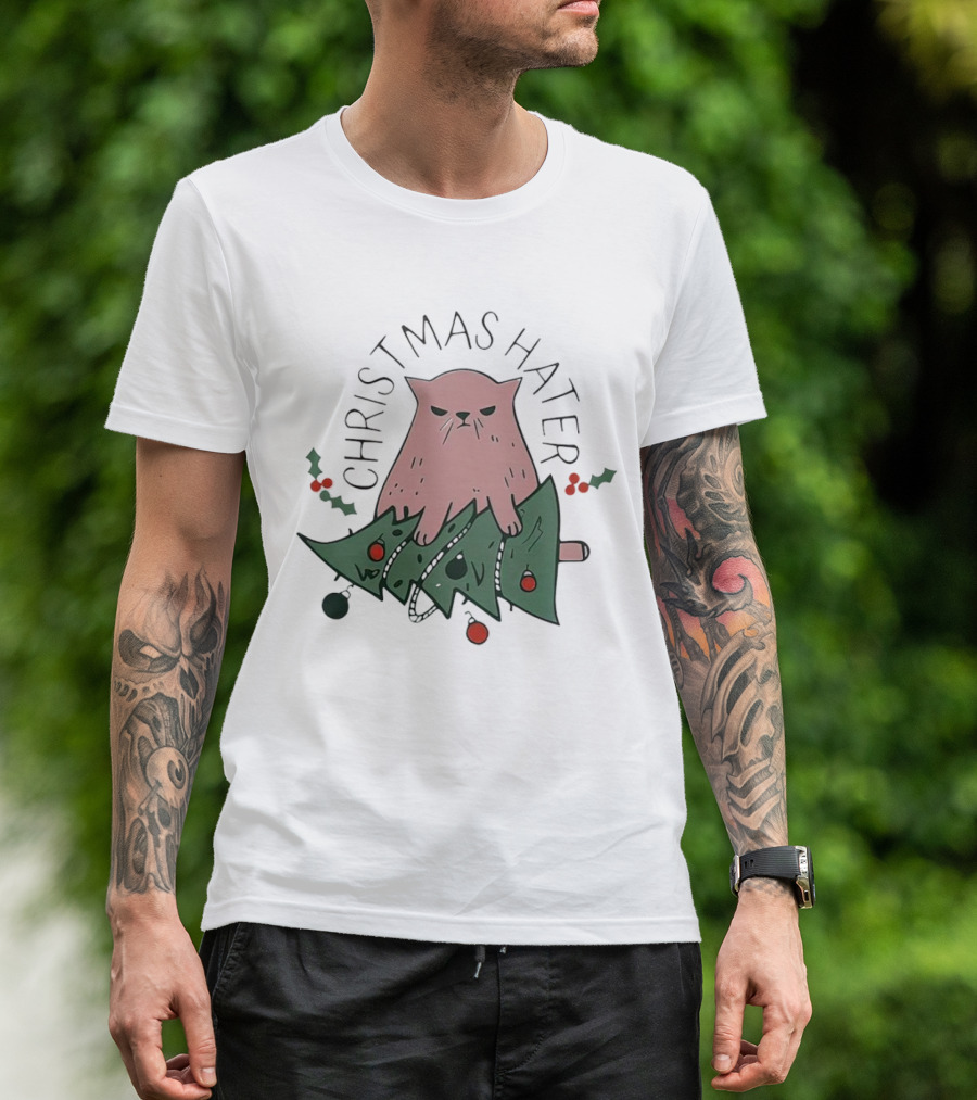 Christmas Hater Angry Cat With Broken Tree And Holly Decorations T-Shirt