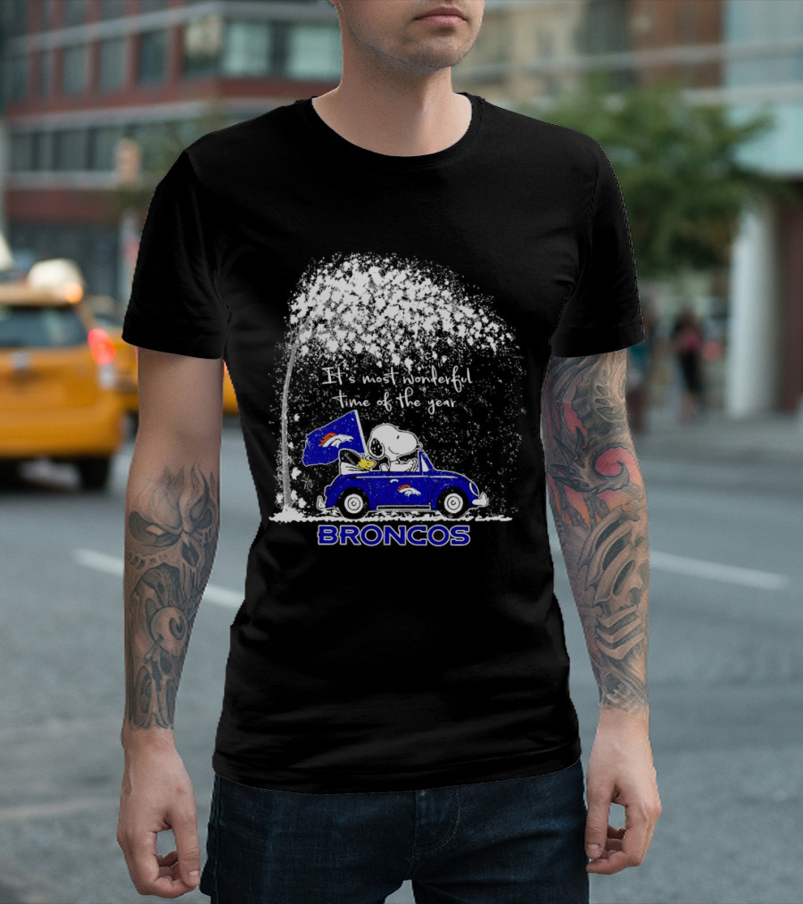 Snoopy and Woodstock Broncos It’s Most Wonderful Time of the Year Winter Scene T-Shirt
