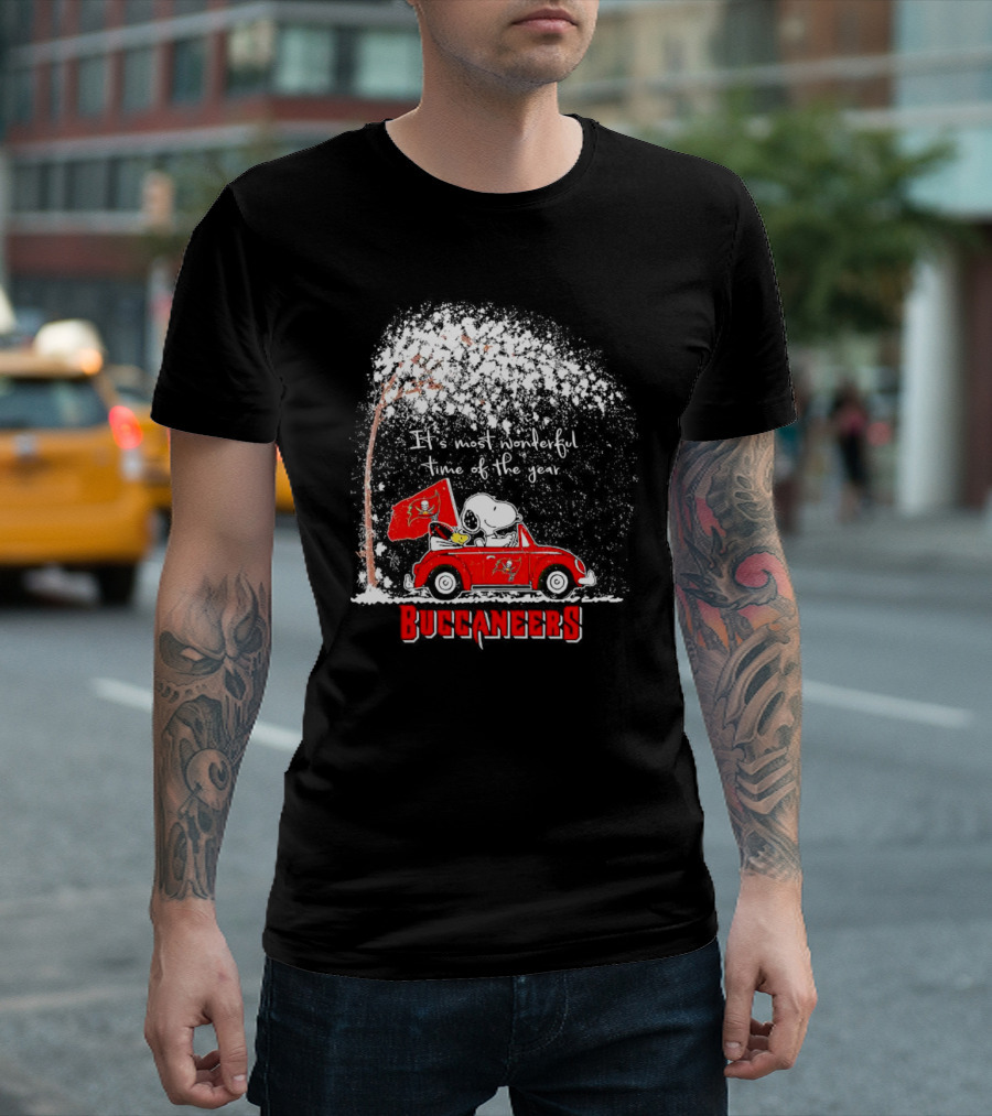 Snoopy and Woodstock Buccaneers It's Most Wonderful Time of the Year Winter Scene T-Shirt