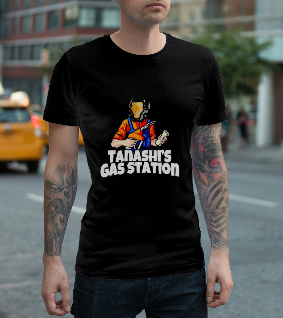 TANASHI’S GAS STATION ATTENDANT WITH RETRO HELMET AND ORANGE UNIFORM HOLDING FUEL PUMP AND MONEY T-Shirt