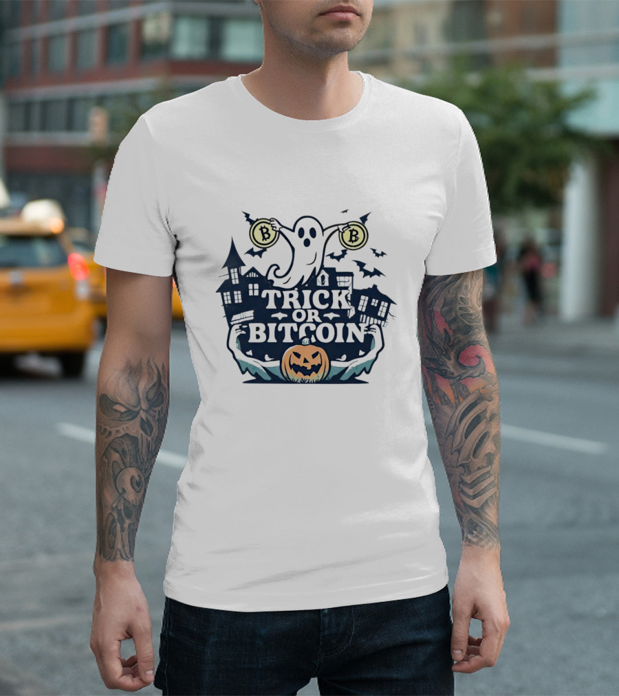 Trick or Bitcoin Ghost Halloween with Pumpkins and Coins T-Shirt