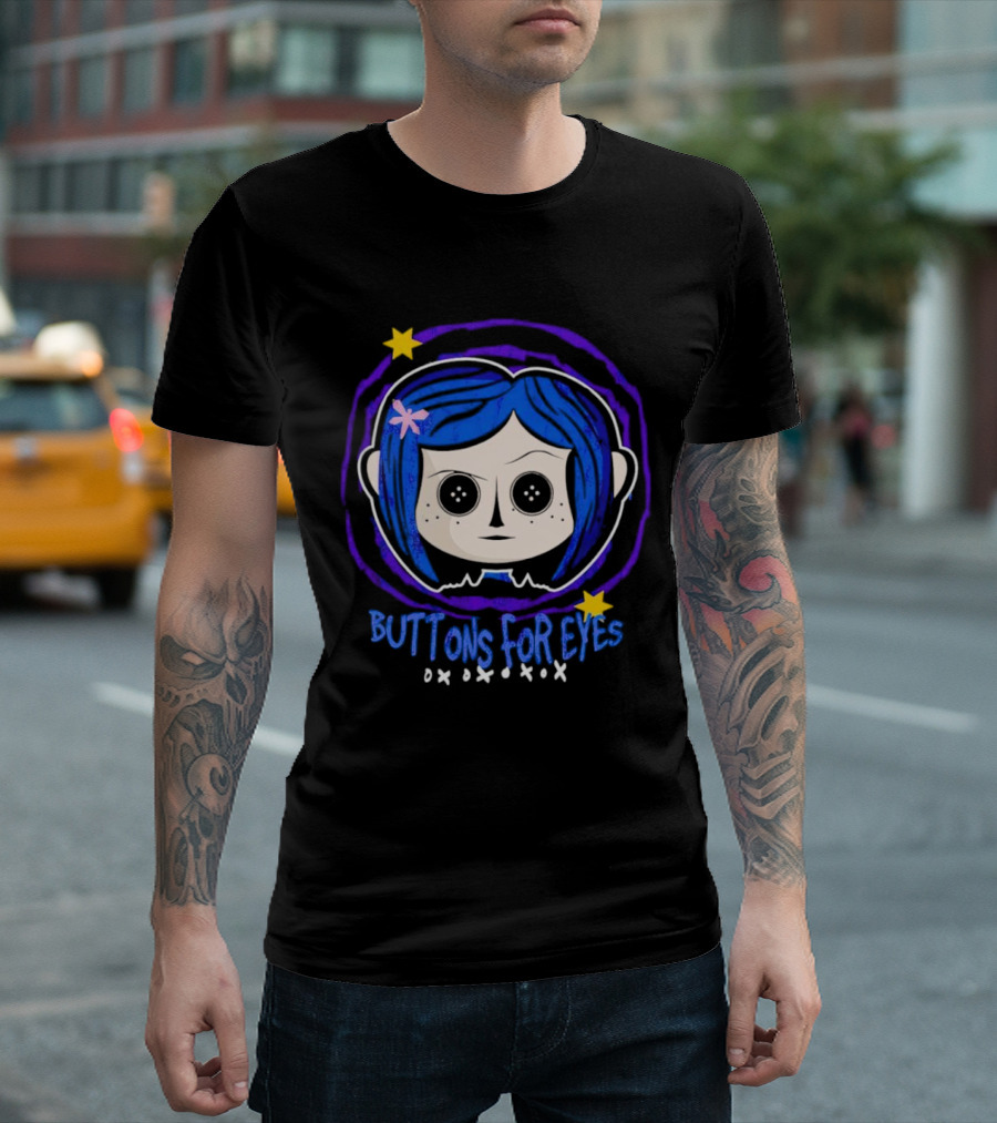 Buttons For Eyes Blue Haired Character With Stars T-Shirt