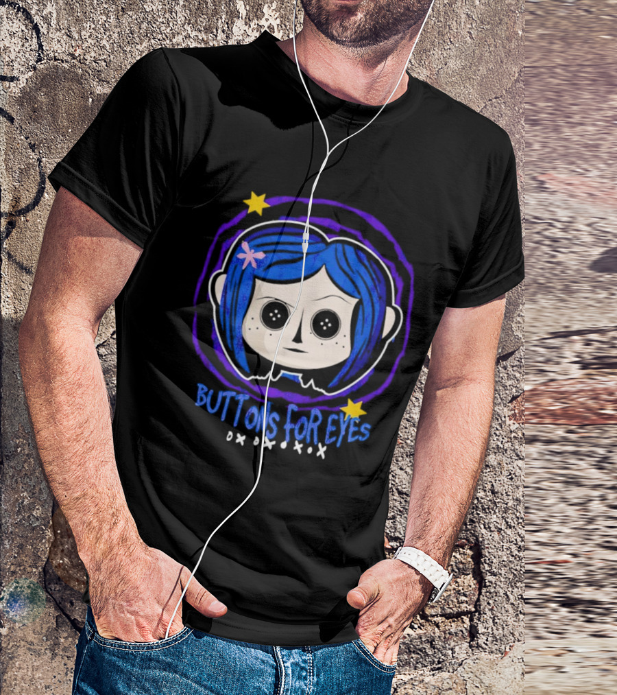 Buttons For Eyes Blue Haired Character With Stars T-Shirt