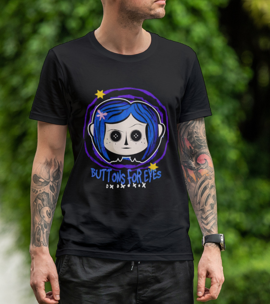 Buttons For Eyes Blue Haired Character With Stars T-Shirt