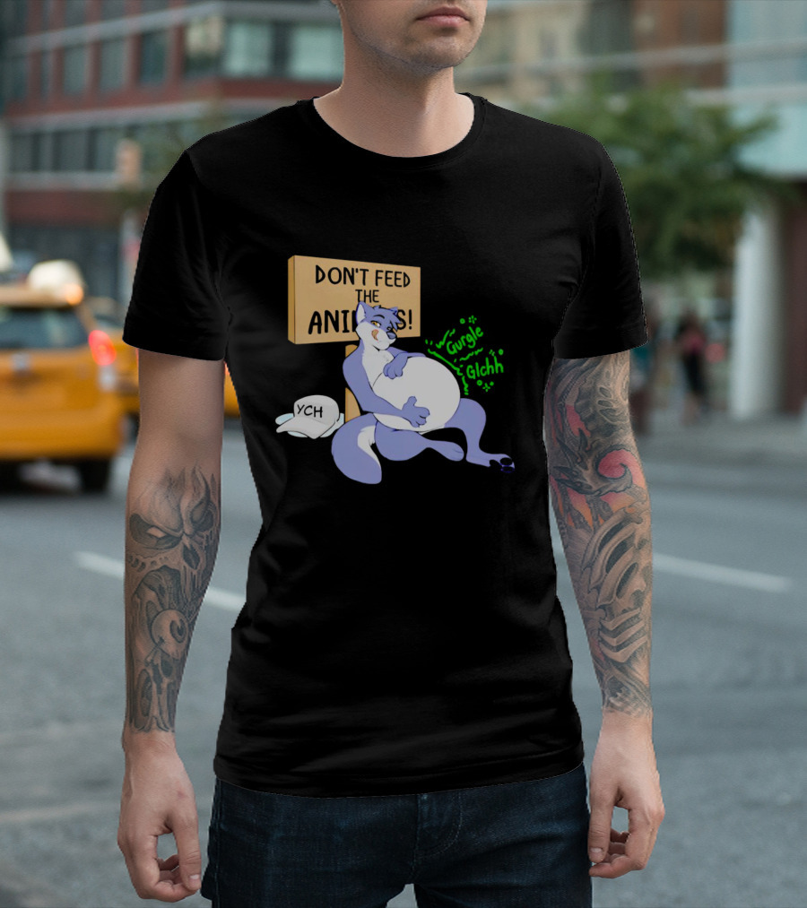 Don't Feed the Animals Gurgle Glchh YCH Sign with Full-Bellied Purple Cartoon Character T-Shirt