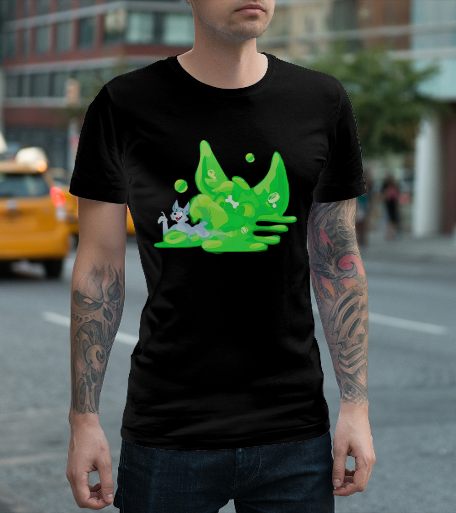 Gelatinous Dog Cartoon Slime With Playful Grey Pup And Green Ooze T-Shirt