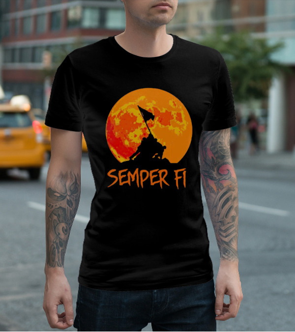 Semper Fi Halloween Full Moon Flag Raising T-Shirt