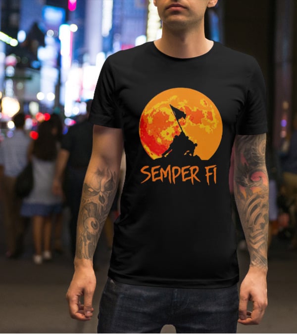 Semper Fi Halloween Full Moon Flag Raising T-Shirt