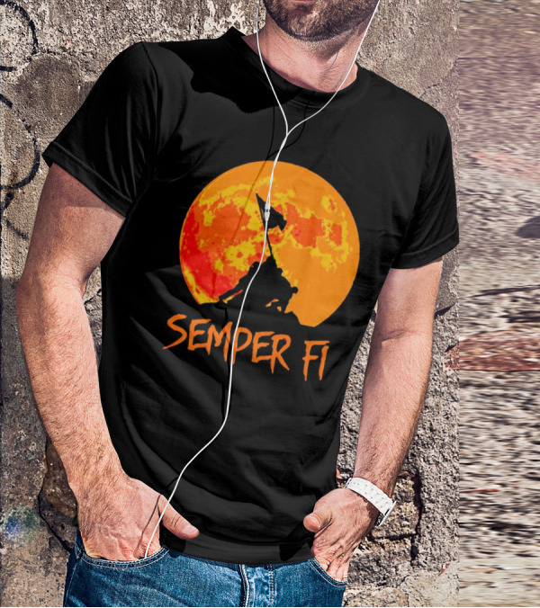 Semper Fi Halloween Full Moon Flag Raising T-Shirt