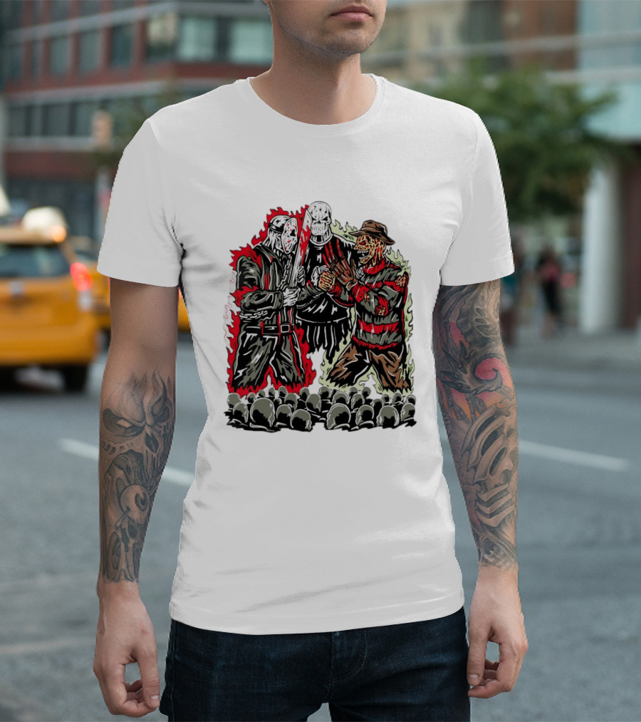 Horror Movies Violent Faceoff Battle Trio in Crowded Arena T-Shirt