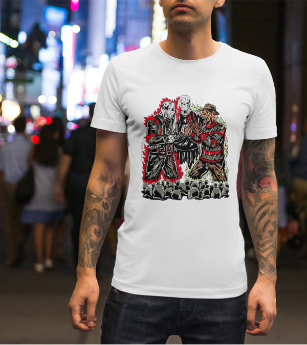 Horror Movies Violent Faceoff Battle Trio In Crowded Arena T-Shirt