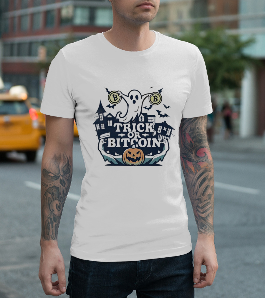 Trick or Bitcoin Ghost Halloween Haunted House Jack-o'-Lantern T-Shirt