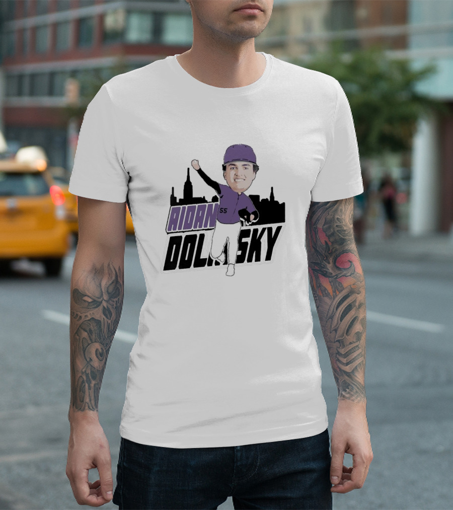 Aidan Dolinsky 55 Purple Baseball Caricature with City Skyline T-Shirt
