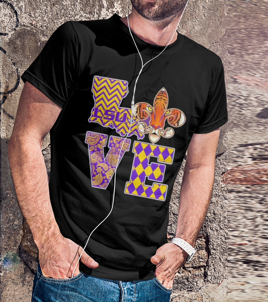 LSU Tigers Love Fleur De Lis Louisiana Purple Gold Chevron Paisley Harlequin T-Shirt