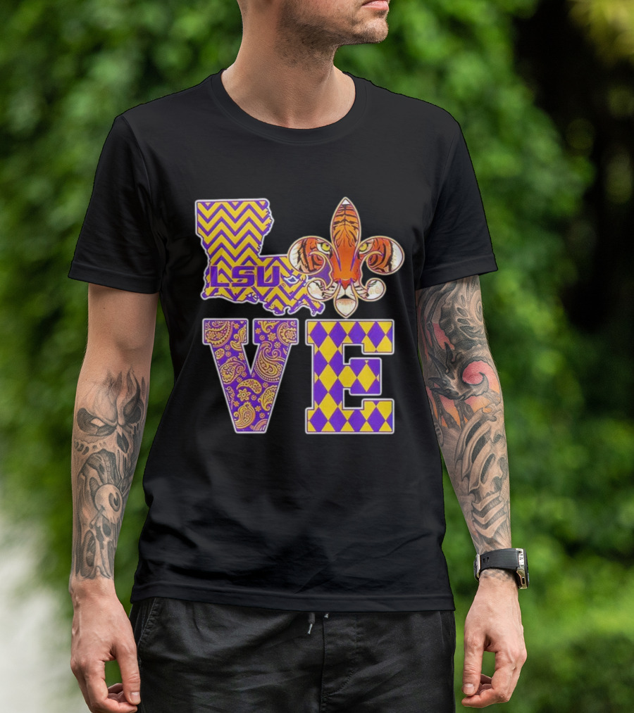 LSU Tigers Love Fleur De Lis Louisiana Purple Gold Chevron Paisley Harlequin T-Shirt
