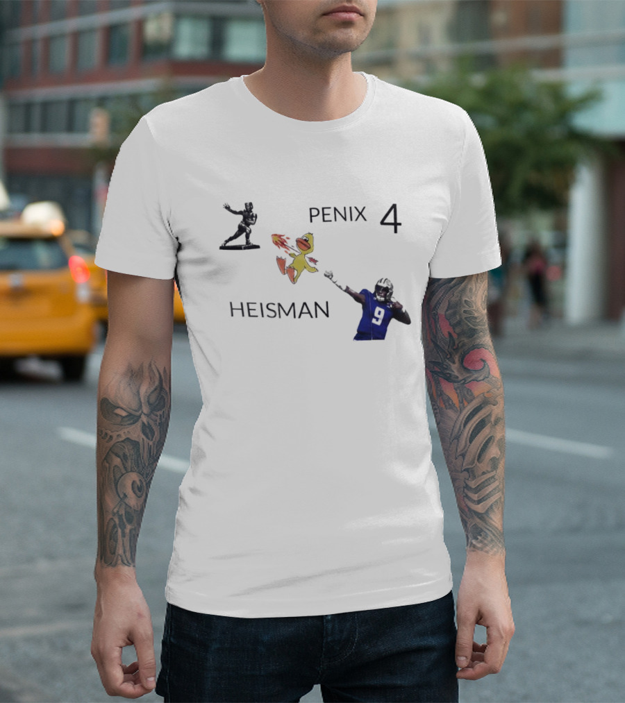 Penix 4 Heisman Football Player Number 9 with Trophy and Mascot Image T-Shirt