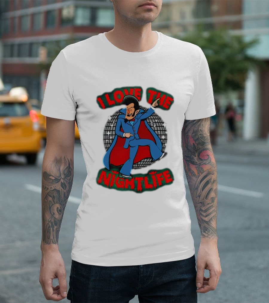 I Love the Nightlife Dracula Disco Dancing with Cape and Disco Ball T-Shirt