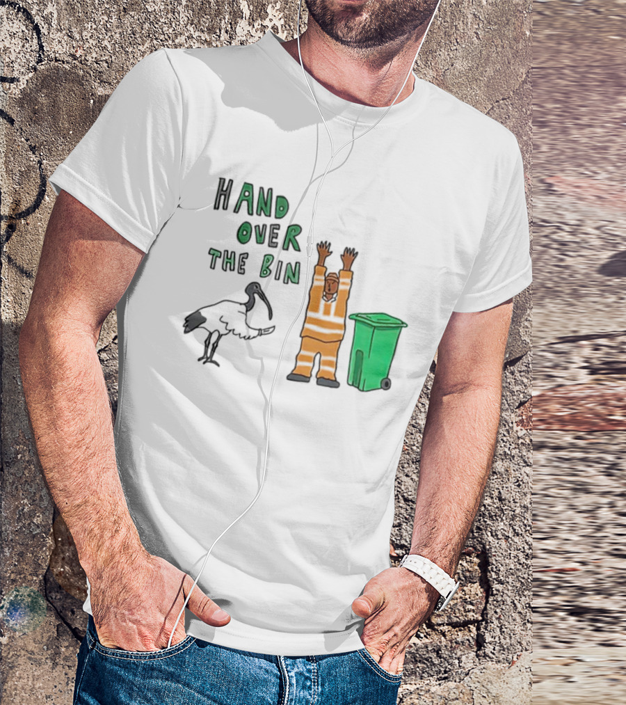 Hand Over The Bin Garbage Collector And Bird Cartoon Scene T-Shirt