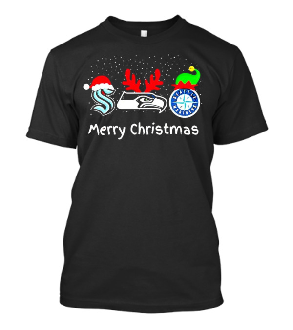 Seattle Kraken Seahawks Mariners Santa Reindeer Elf Merry Christmas T-Shirt