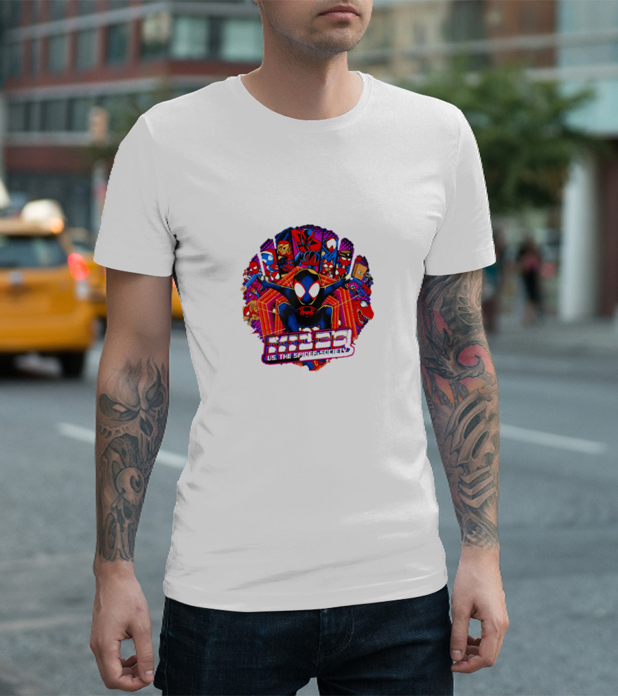 Miles Spider-Society Ensemble with Diverse Spider Characters T-Shirt