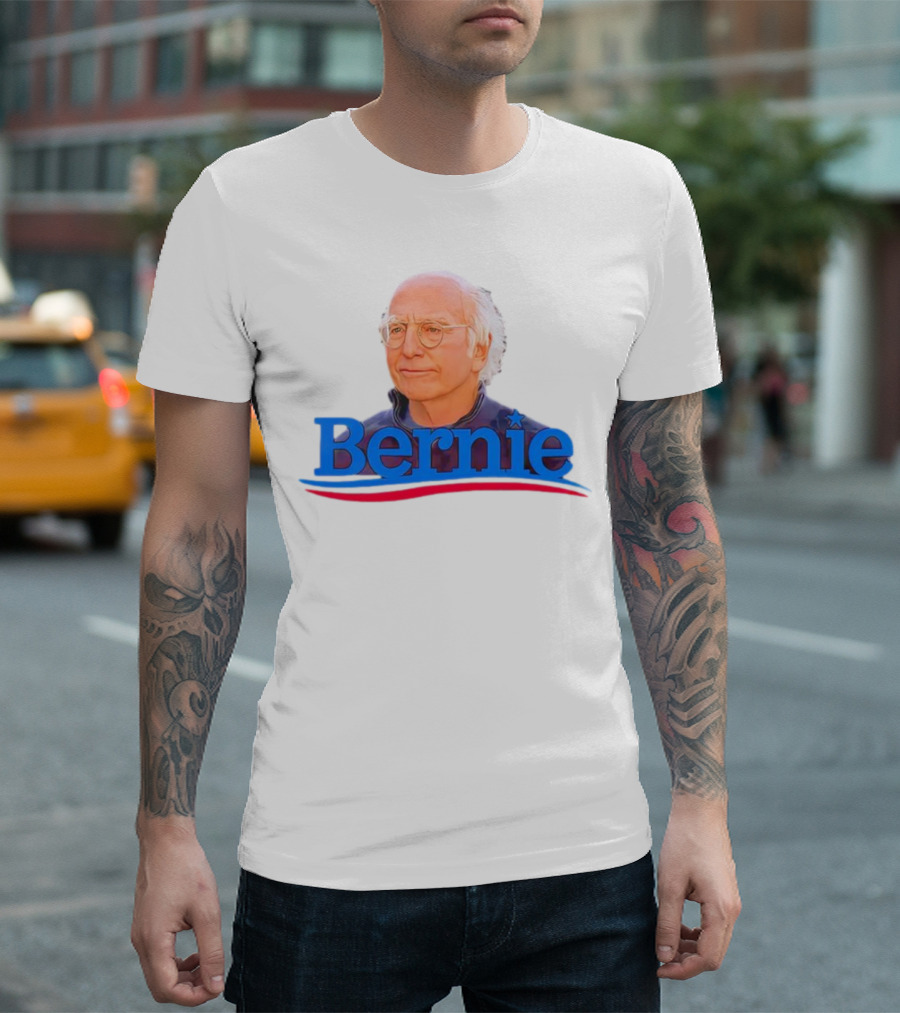 Bernie Larry David Parody with Blue Lettering and Red Stripe T-Shirt