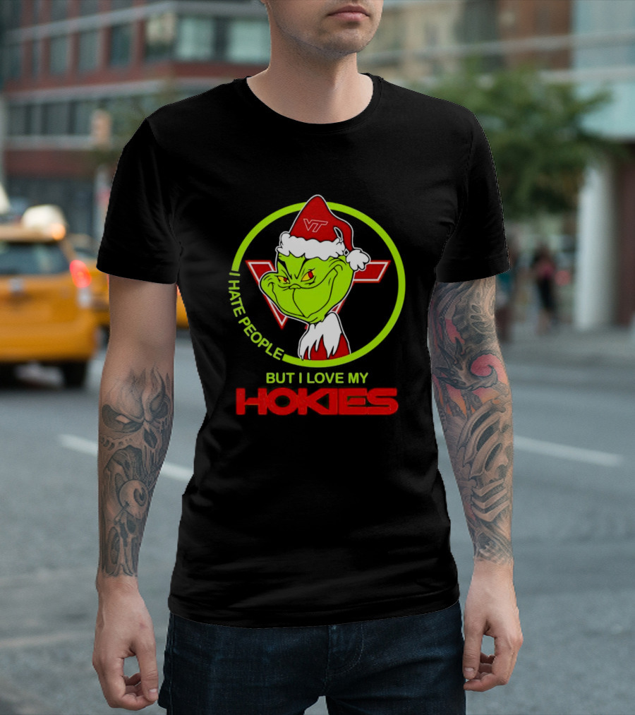 I Hate People Grinch Loves Hokies Christmas VT Santa Hat T-Shirt